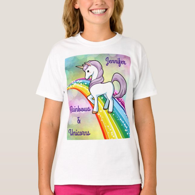 Rainbow & Unicorn T-Shirt Girls Shirt Personalize (Front)