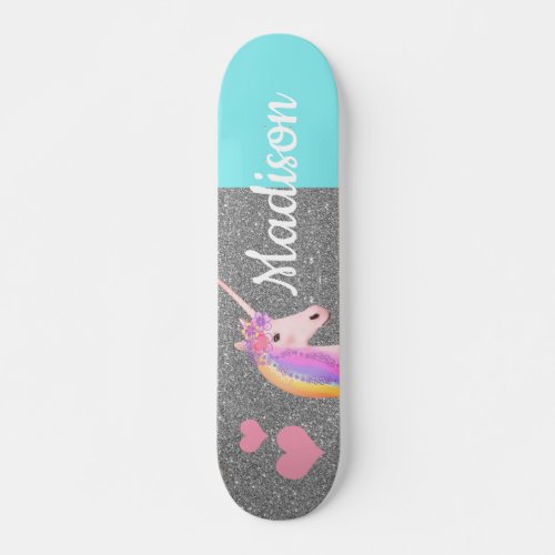 Rainbow Unicorn Teal Silver Glitter Personalized Skateboard