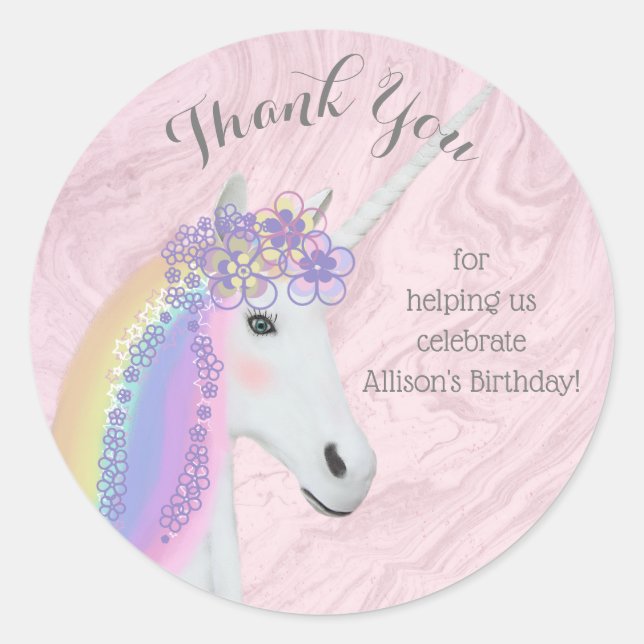 Rainbow Unicorn Thank You Stickers (Front)