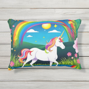 Rainbow Unicorn Three river grass flowers Outdoor Pillow