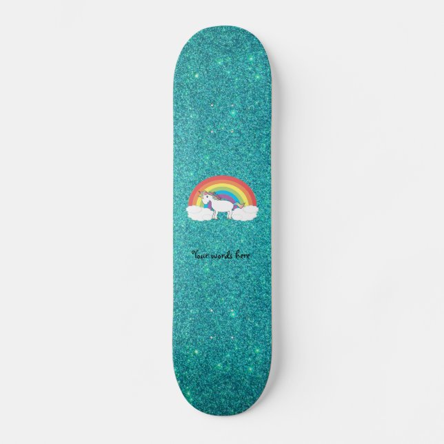 Rainbow unicorn turquoise glitter skateboard deck (Front)
