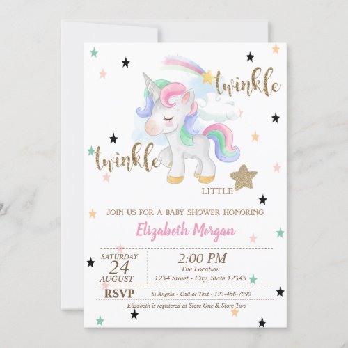 Rainbow UnicornTwinkle Little Star Baby Shower Invitation