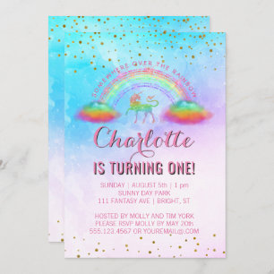 Rainbow Unicorn Watercolor 1st Birthday Party Invitation
