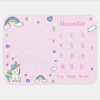 Rainbow unicorn watercolor baby girl milestone baby blanket