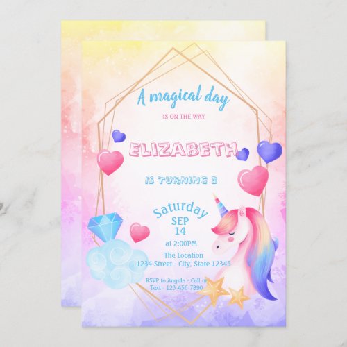 Rainbow Unicorn Watercolor Birthday Invitation