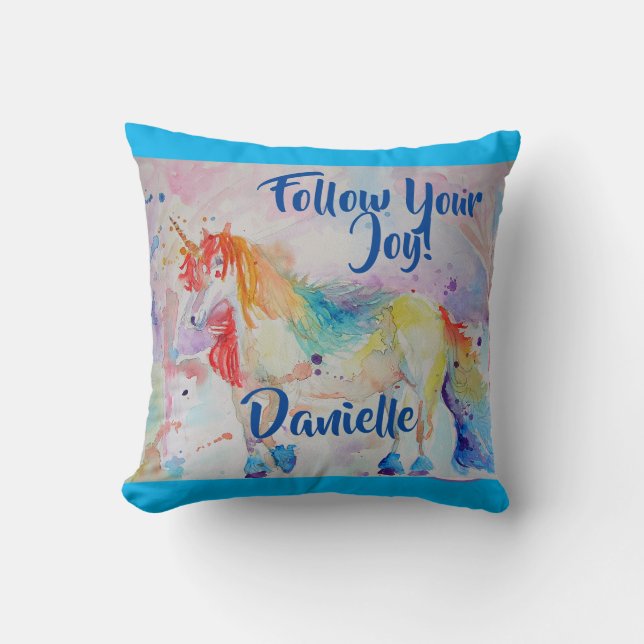 Rainbow Unicorn Watercolor Childs Name Cushion (Front)