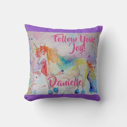 Rainbow Unicorn Watercolor Childs Name Cushion