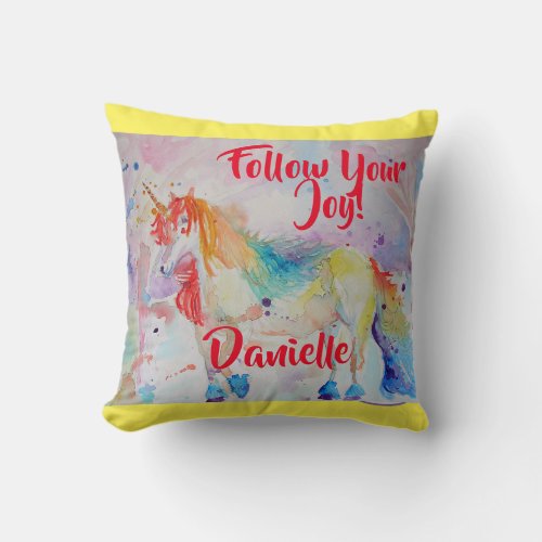 Rainbow Unicorn Watercolor Childs Name Cushion
