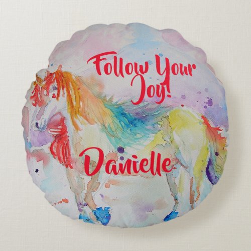 Rainbow Unicorn Watercolor Childs Name Decoration Round Pillow