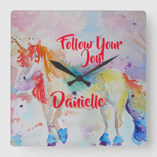 Rainbow Unicorn Watercolor Childs Name Decoration Square Wall Clock