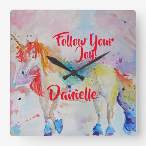 Rainbow Unicorn Watercolor Childs Name Decoration Square Wall Clock