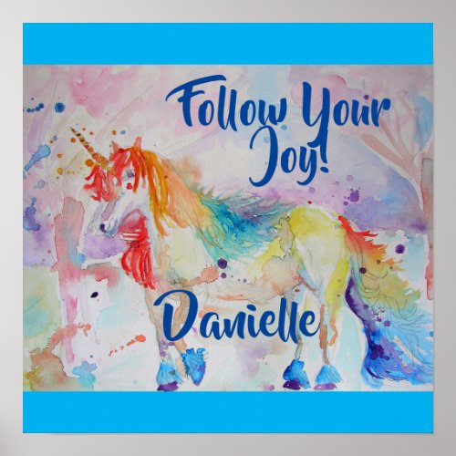 Rainbow Unicorn Watercolor Childs Name Poster
