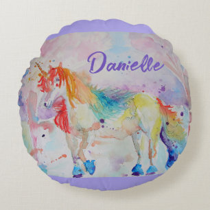 Rainbow Unicorn Watercolor Girls Name Cushion