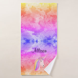Rainbow Unicorn Watercolor Girls Personalized Bath Towel