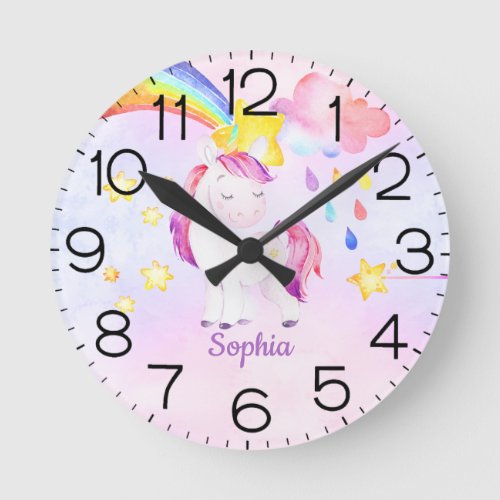 Rainbow Unicorn Watercolor Personalized Cute Round Clock