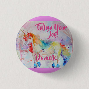 Rainbow Unicorn Watercolor Pink Badge Button