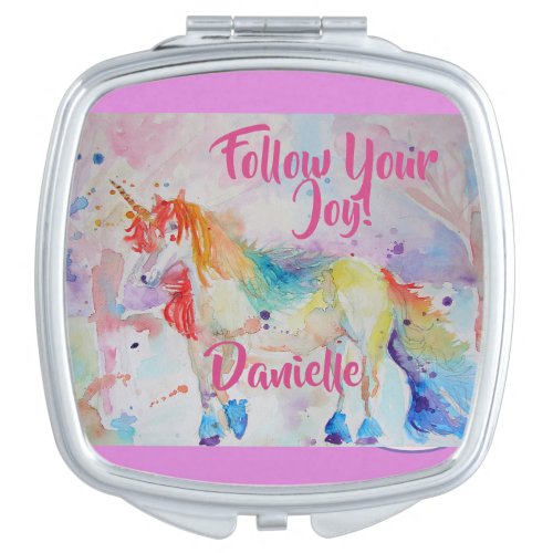 Rainbow Unicorn Watercolor Pink Compact Compact Mirror
