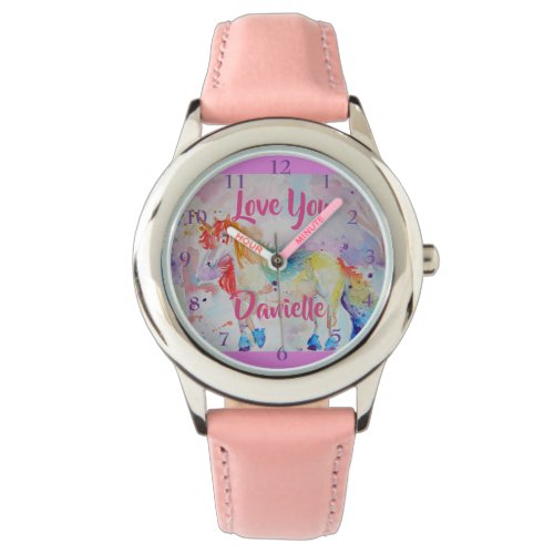 Rainbow Unicorn Watercolor Pink Girls Love Watch