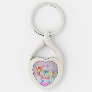 Rainbow Unicorn Watercolor Pink Heart Key Ring