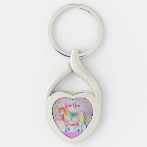 Rainbow Unicorn Watercolor Pink Heart Key Ring