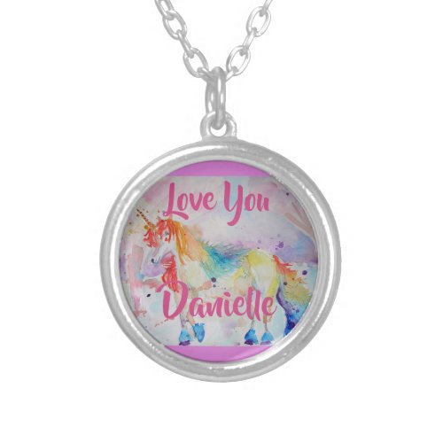 Rainbow Unicorn Watercolor Pink Heart Necklace