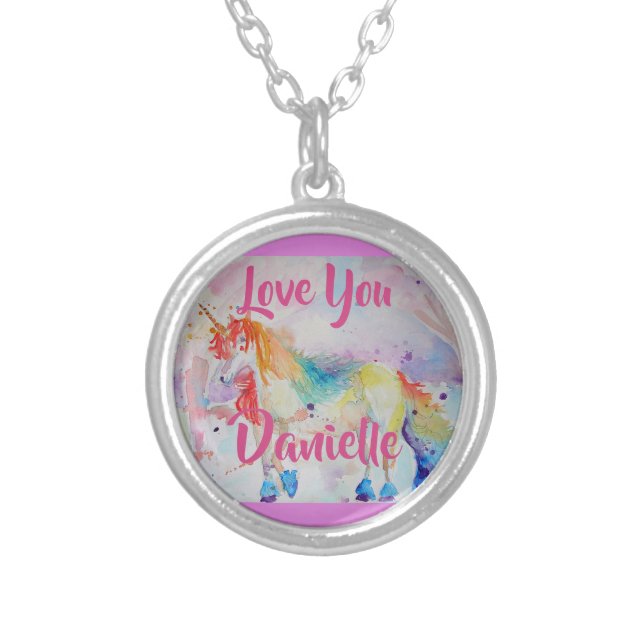 Rainbow Unicorn Watercolor Pink Heart Necklace (Front)