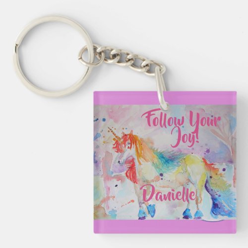Rainbow Unicorn Watercolor Pink Key Ring