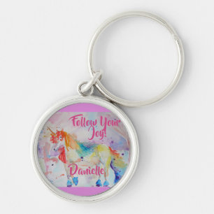 Rainbow Unicorn Watercolor Pink Key Ring