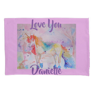 Rainbow Unicorn Watercolor Pink Love Pillow Case