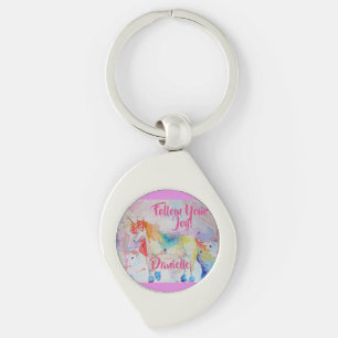 Rainbow Unicorn Watercolor Pink Metal Key Ring