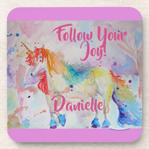 Rainbow Unicorn Watercolor Pink Name Coasters