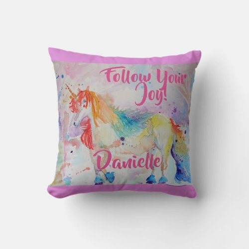 Rainbow Unicorn Watercolor Pink Name Cushion