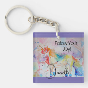 Rainbow Unicorn Watercolor Purple Cute Kids Keychain