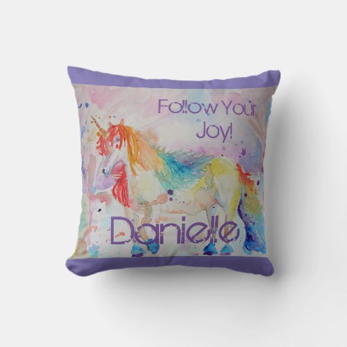 Rainbow Unicorn Watercolor Purple Cute Kids Throw Pillow