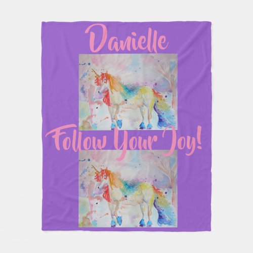 Rainbow Unicorn Watercolor Purple Fleece Blanket