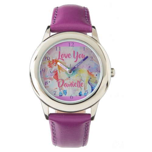 Rainbow Unicorn Watercolor Purple Girls Love Watch