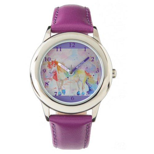 Rainbow Unicorn Watercolor Purple Girls Watch
