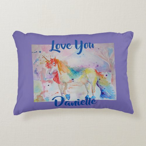 Rainbow Unicorn Watercolor Purple Love Cushion