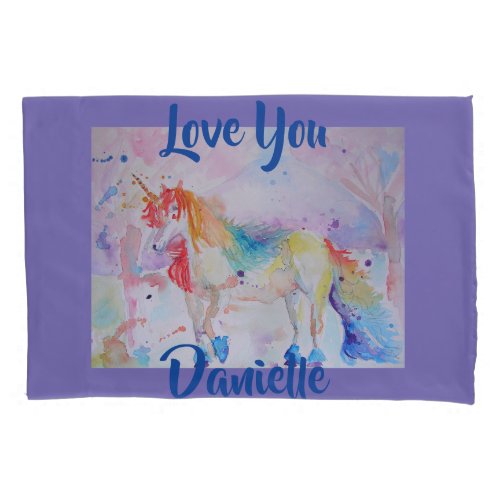 Rainbow Unicorn Watercolor Purple Love Pillow Case