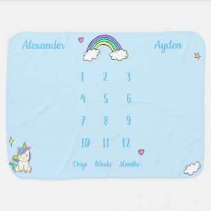 Rainbow unicorn watercolor twin boys milestone baby blanket
