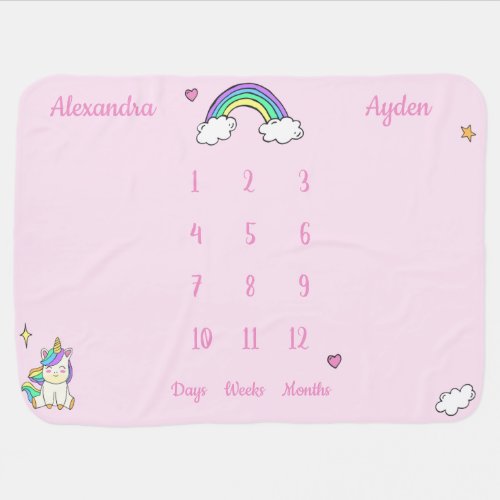 Rainbow unicorn watercolor twin girl milestone baby blanket
