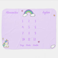 Rainbow unicorn watercolor unisex twins milestone baby blanket