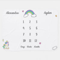 Rainbow unicorn watercolor unisex twins milestone baby blanket