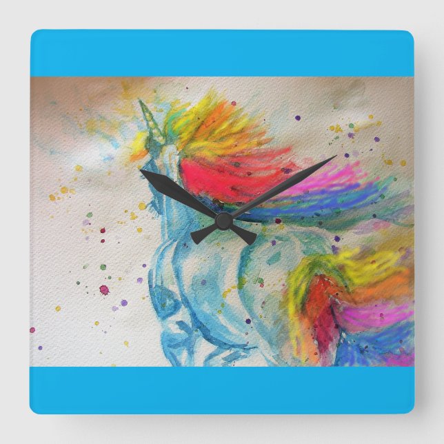 Rainbow Unicorn Watercolour Girls Nursery Clock (Front)