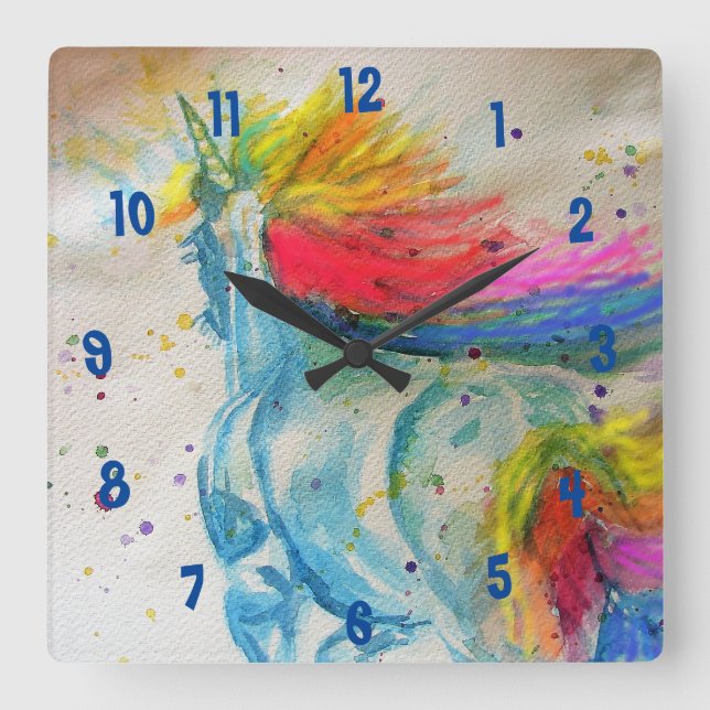Rainbow Unicorn Watercolour Girls Nursery Clock (Front)