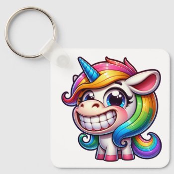 Rainbow Unicorn With A Huge Grin  Keychain by Rainbows_Everywhere at Zazzle