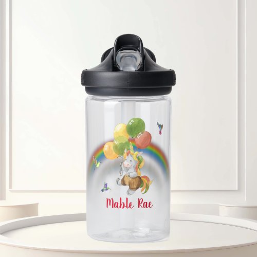 Rainbow Unicorn with Balloon Monogram Name   Water Bottle