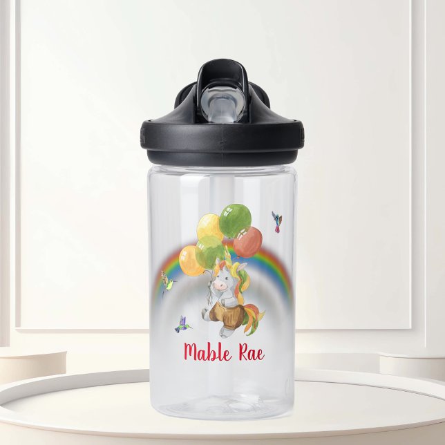 Rainbow Unicorn with Balloon Monogram Name   Water Bottle (Creator Uploaded)