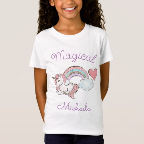 Rainbow  Unicorn with Pink Hair T_Shirt