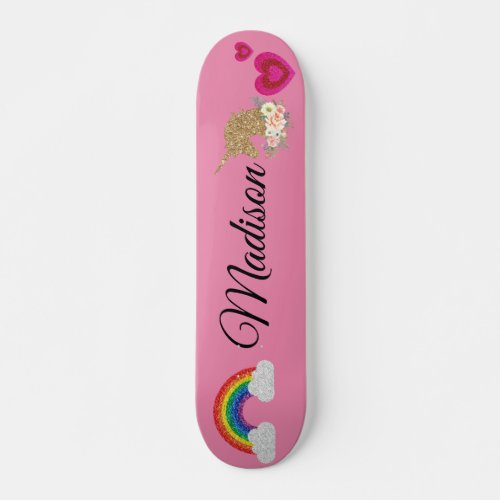 Rainbow unicorn with shimmer heart skateboard
